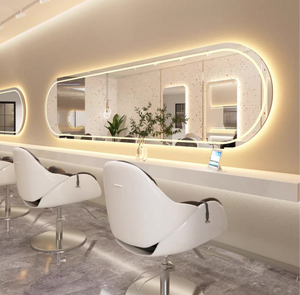 Miroir de coiffure mural moderne à LED pleine longueur, doré, pour salons, design métallique - Product Image 1