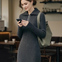 Robe midi en tricot pour femme, col châle, demi-zip, extra longue, grande taille, droite, simple, naturelle, ODM