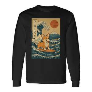 T-shirt à manches longues Corgi Surfing Japanese Wave - Product Image 1