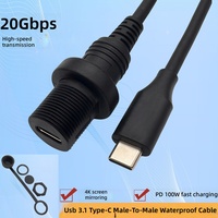 Cable de Extensión Impermeable Tipo-C 3.1 Macho a Hembra para Tableros de Auto y Barco - Cable de Datos USB 3.1 PD 100W 4K 20G Totalmente de Cobre
