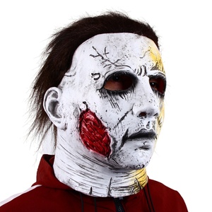 Masque intégral en latex craquelé demi-jaune demi-blanc, cheveux foncés, cicatrice sanglante, drôle, original, tendance, pour Halloween, cosplay, fête - Product Image 2