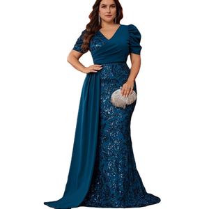 Nuevo Vestido de Noche Elegante Estilo Sirena para Mujer, Talla Grande, Cuello en V, Mangas Cortas, Drapeado, de Lujo, para Fiesta o Graduación, 2025 - Product Image 1