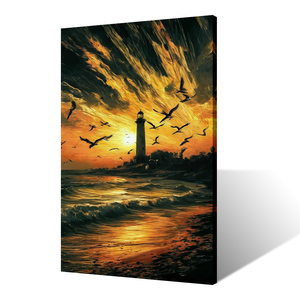 Faro costiero stampa pittura arte della parete con gabbiani che volano sopra la spiaggia del tramonto paesaggio decorazioni murali - Product Image 1
