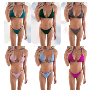 STOCK Handmade Solid 3Colors Washed 100% Polyester Rings <b>Details</b> Women 3Pieces Swimwear Triangle Top Cheeky Bikini Set - Product Image 1