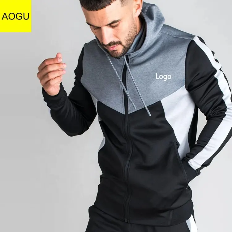 AOGU Custom Logo Full Zip up Hoodie Contraste Painel Design Mens Track Ternos Joggers Set Adultos para Homens Outono Homens Tracksuits