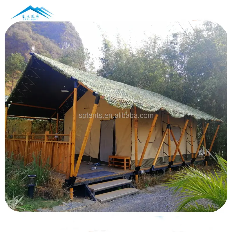 Tenda Safari Hotel mewah Glamping dengan bingkai tiang kayu