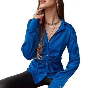 2023 fall womens v neck vneck rushed cheap fitted long sleeve office tops career satin silk button up blouses shirts for ladies