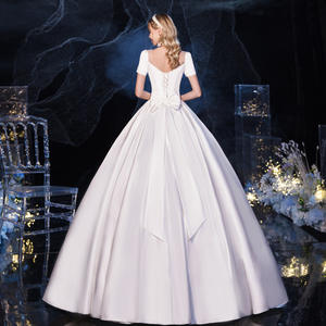 Gaun pengantin lengan pendek, rok lembut panjang noda putih ramping gaun pesta kerajaan pinggang Satin lipit Anti statis - Product Image 5