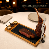 Ensemble de service pour steak Tomahawk CosBao, base en bambou avec plaque en pierre de lave noire et bols à sauce