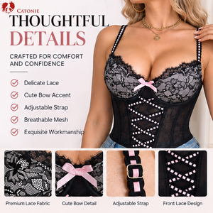 Schmal geschnittenes Bustier mit gepolstertem Oberteil, schwarzes Spitzenkorsett für Partykleidung - Product Image 4