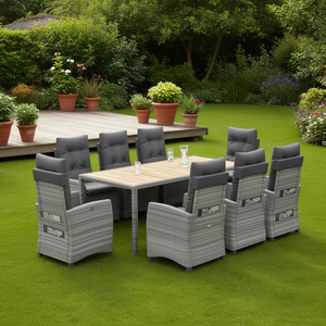 Set da Pranzo da Esterno in Polyrattan Grigio 9 Pezzi con Cuscini, Mobili da Giardino Stile Contemporaneo, Tavolo in Legno Massello - Product Image 2