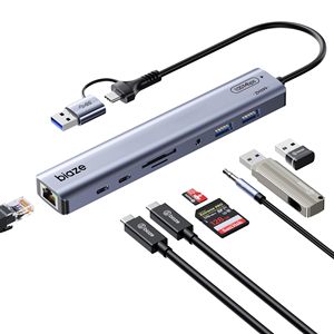 Adaptateur Hub USB/USB-C 9-en-1 BIAZE pour MacBook/iPhone, 3 ports USB (2xUSB 3.0, 1xUSB 2.0), Ethernet 100M, lecteur de cartes SD/TF, 3,5 mm - Product Image 1