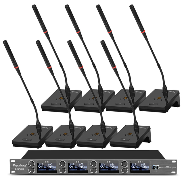 Depusheng D28PLUS 8 Channel UHF Wireless Microphone System Gooseneck Mic Desktop Microphone for Conference