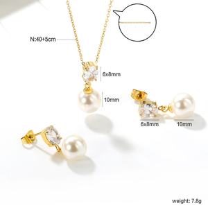 Trendy Simple Wholesale Stainless Steel Jewelry 18K PVD <b>Gold</b> Plated Zircon <b>Pearl</b> Pendant <b>Necklace</b> and Earrings Set for Women - Product Image 4