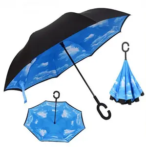 Payung Hujan Terbalik Pegangan Bentuk C Ringan Payung Sombrillas Lapisan Ganda Terbalik dengan Pegangan C 27"
