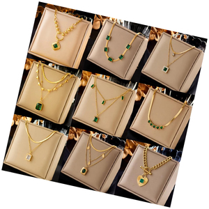 Vintage Ins18K金メッキステンレス鋼ペンダントネックレスロングエメラルドジルコン鎖骨アクセサリーおしゃれなジュエリー - Product Image 1