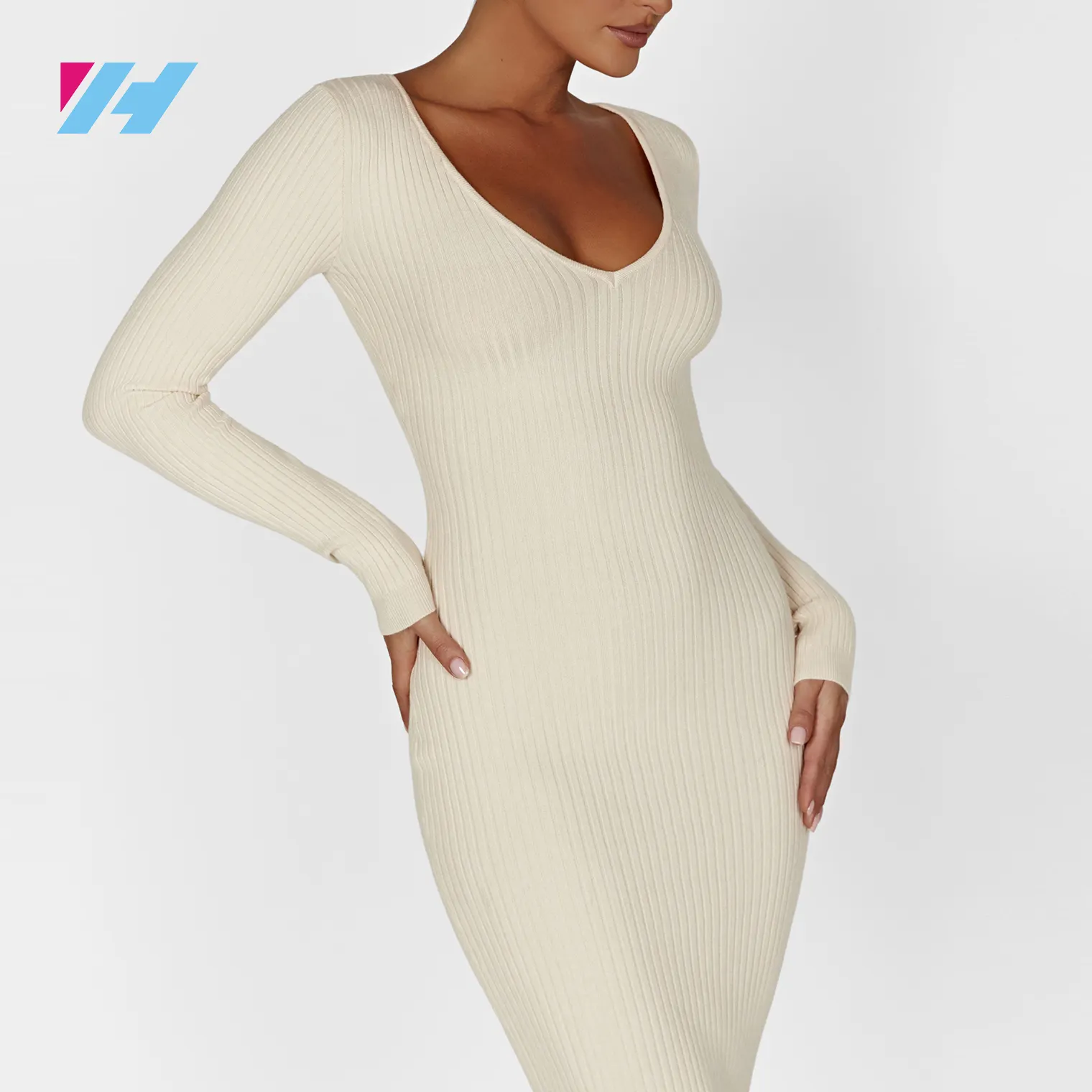 New Autumn Winter Casual Bodycon Long Sleeve Elegant V Neck Knit Sweater Maxi Dress For Women