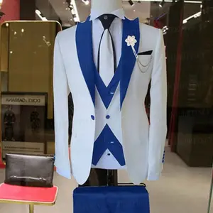 休闲时尚设计白色商务夹克背心皇家蓝色男装裤男士套装3件套男士套装