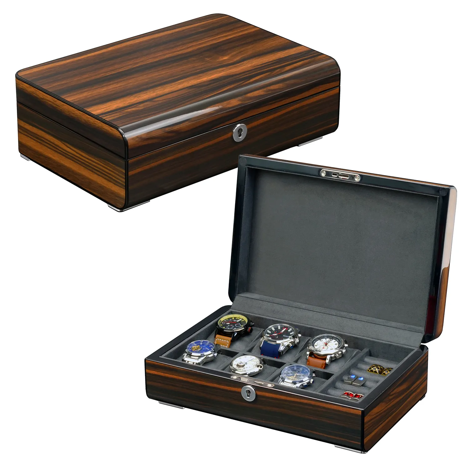2023 Customized Large Size 6 Slots Wooden Watch and Jewelry Boxes Cases Luxury Packaging