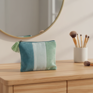 Sac <span class=keywords><strong>de</strong></span> maquillage personnalisé en gros, à rayures, avec pompon, écologique, portable, à fermeture éclair, pour filles - Product Image 5