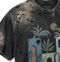 T-shirt Homme Vintage Délavé à l'Acide, Imprimé Intégral Motif Cactus et Bâtiments Méditerranéens, Effet Usé et Déchiré