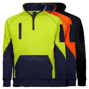 Plester reflektif ritsleting depan kelas 3 Sweatshirt penutup bawah hitam kontras Hoodie bulu domba Hi-Vis tahan air