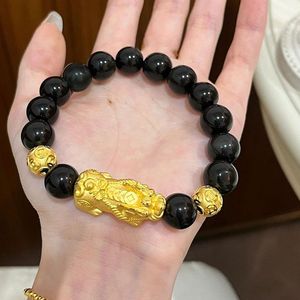 Gelang manik-manik batu Obsidian klasik pria wanita, gelang uniseks emas hitam Pixiu kekayaan keberuntungan - Product Image 4