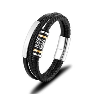 3-Layer Braided Black <b>Leather</b> <b>Bracelet</b> With Stainless Steel Magnetic Clasp & Charm | Men's Fashion Jewelry - Product Image 2