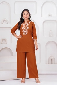 Brown Embroidered Kurti Plazzo Set <b>Three</b> Quarter Sleeve V Neck Casual Wear Solid Color Loose Fit All Seasons Cotton Outfit - Product Image 2