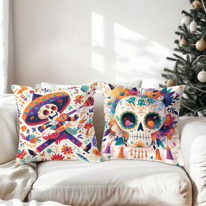 Coussins décoratifs colorés sur le thème du Jour des Morts, ornés de crânes vibrants et de motifs festifs d'art populaire mexicain. - Product Image 3