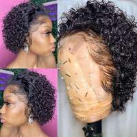 Perruque Courte Pixie Cut 13x4 en Dentelle Complète, 100% Cheveux Humains, Bouclés, Brésiliens, Vierge Remy, Ondulés Effet Eau, Vente en Gros