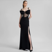 Robe longue noire de soirée de luxe à fines bretelles, transparente, à baleines, fendue et ajustée, nouvelle collection été