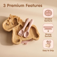 Ensemble d'assiettes d'alimentation en bambou naturel en forme de licorne, design divisé, plateau anti-déversement avec ventouse, cuillère et fourchette en silicone de qualité alimentaire