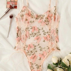 New European and American style women's tie-up water-soluble embroidered flower <b>bodysuit</b> with U-<b>shaped</b> back, see-through sexy - Product Image 1