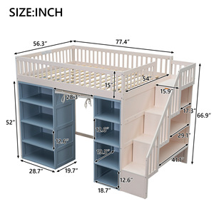 Lit mezzanine pour enfants avec étagères de rangement et escalier, couleur blanc et bleu, meubles de chambre pour enfants - Product Image 4
