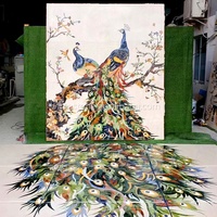 Mosaïque en marbre motif paon découpé au jet d'eau, carrelage de tapis, médaillon mural en marbre découpé au jet d'eau, art mural en pierre pour décoration murale