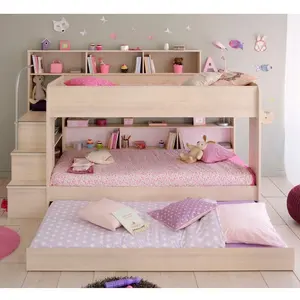 NOVA Set tempat tidur susun anak-anak, Modern dengan kabinet penyimpanan tangga kamar tidur anak Set furnitur Bibop kayu Solid dengan ranjang lipat