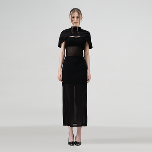 Vestido ajustado de algodón de malla mezclada de punto de longitud elástica ropa de mujer parte vestido negro recto Maxi vestidos naturales - Product Image 2