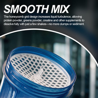 Bouteille shaker OEM double échelle en PP avec couvercle anti-fuite en maille alvéolée, couleur personnalisée, facile à nettoyer