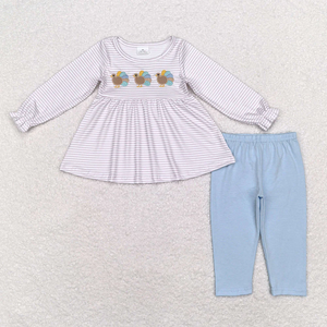 Conjunto de Ropa de 2 Piezas para Niños y Niñas, Camiseta de Manga Larga a Rayas con Bordado de Pavo, Pantalones Azules, Atuendos de Otoño - Product Image 2