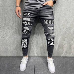 Jeans de mezclilla elásticos de cintura media de alta calidad para hombre, ajustados, rectos, con agujeros, estilo urbano, microelásticos, apilados, de corte slim. - Product Image 3