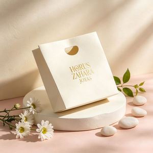 Sac cadeau en papier blanc crème avec logo imprimé feuille d'or à chaud, pochette en papier découpée avec poignée pour emballage cadeau de bijoux et vente au détail - Product Image 1
