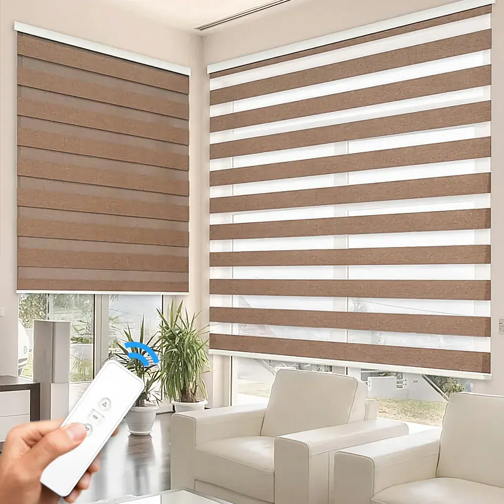 Wifi Controle Remoto Motorizado Dupla Camada Escritório Shades Motores Automáticos Elétricos Brown Blackout Window Roller Zebra Blinds