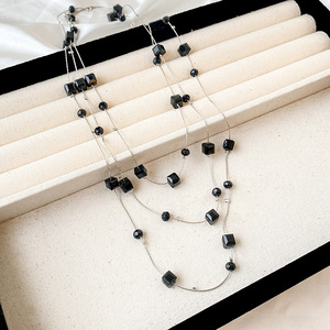 Crystal <b>Necklace</b> Multi Layer Geometric Black Cube Women's Everyday Wear <b>Long</b> Chain U Shape Fashion Jewelry Accessory - Product Image 1