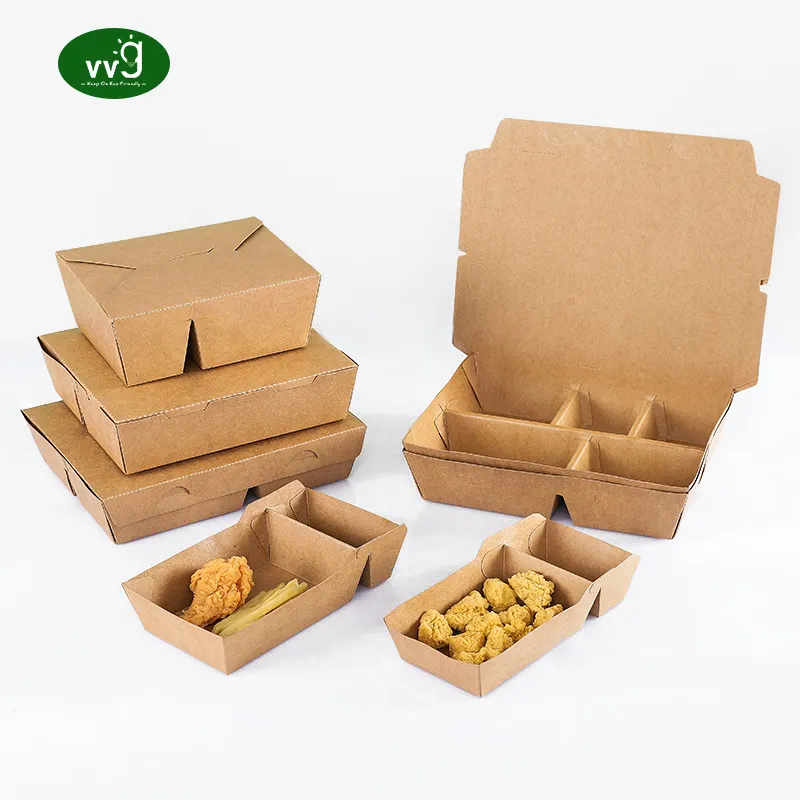 VVG biodegradable disposable kraft lunch box custom fast food togo takeaway takeout kraft paper packaging box