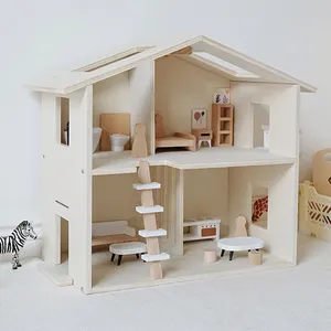 Günstige Großhandel Holzpuppe nhaus für Mädchen Jouet Enfant Kinder DIY Traumhaus Kit Set mit Miniatur zubehör Spielzeug