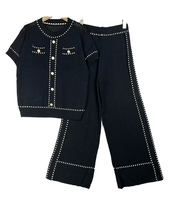 Ensemble deux pièces de luxe vintage pour femme, imprimé léopard, tricoté avec surpiqûres contrastées, en Spandex/Coton, anti-plis, manches courtes boutonnées