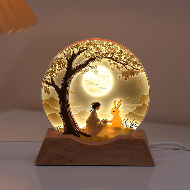 Moon Crystal Night Light Figurine Creative Rabbit Lamp Bedroom Desktop Decoration Item Atmosphere Lamp Festival Gift