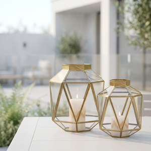 Manufacturers Geometric Shape <b>Brass</b> Metal Framed Glass Candle <b>Lanterns</b> for Home & Wedding Decoration - Product Image 1