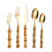 Ensemble de couverts en acier inoxydable plaqué or avec manche en bambou, 5 pièces, pour hôtel, restaurant, restauration, vente en gros